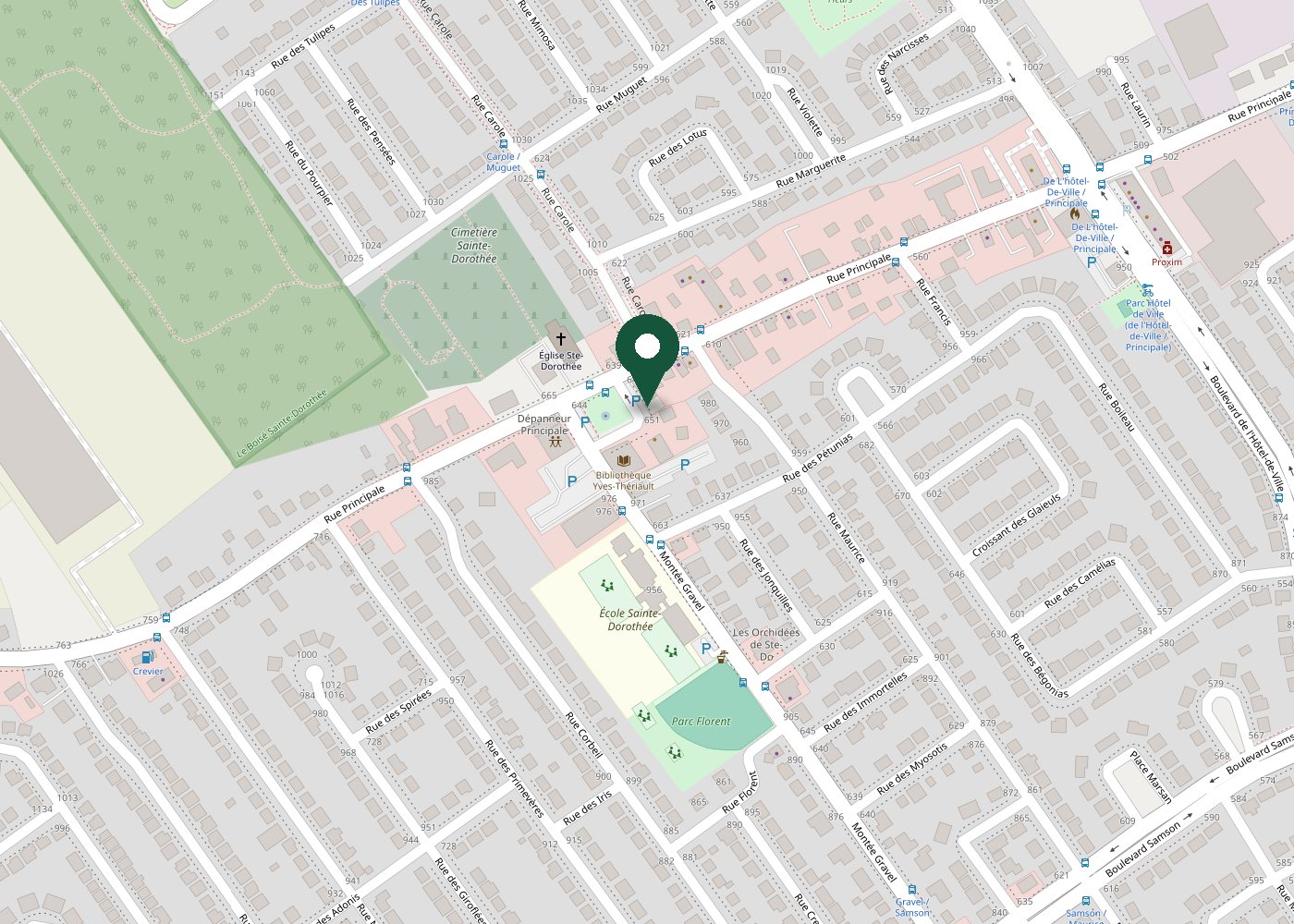 Carte du secteur : le centre est au 645 rue de la Place Publique, près de l’église Sainte-Dorothée et de la rue Principale